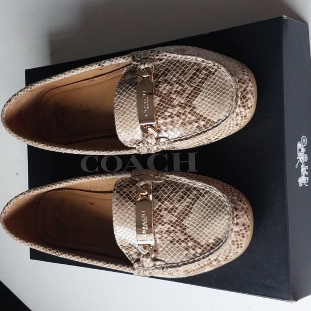COACH Slip-On Driver Shoe  Leather Snakeskin Goldtone Coach Bar  Size 9